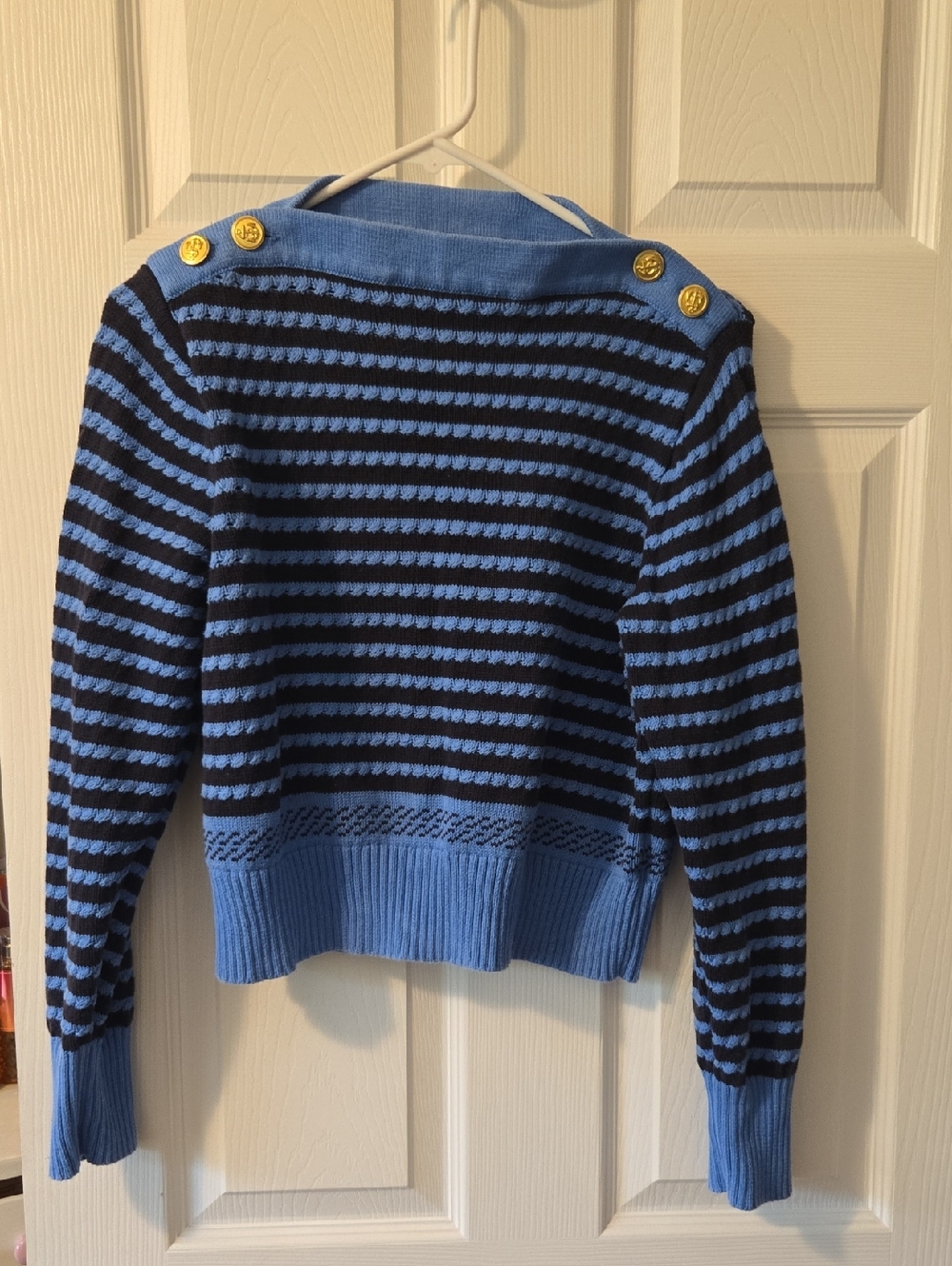 Striped Navy and Blue Button-Shoulder Crewneck Sweater